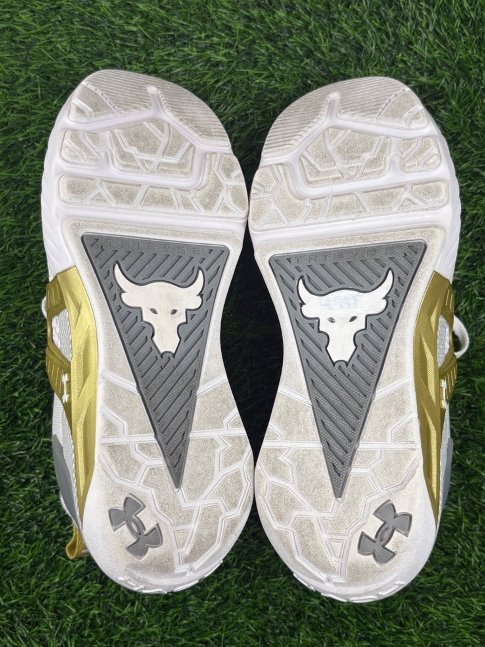 Under Armour Women’s HOVR Project Rock 4 Training Sneakers in White and Gold - Picture 10 of 12